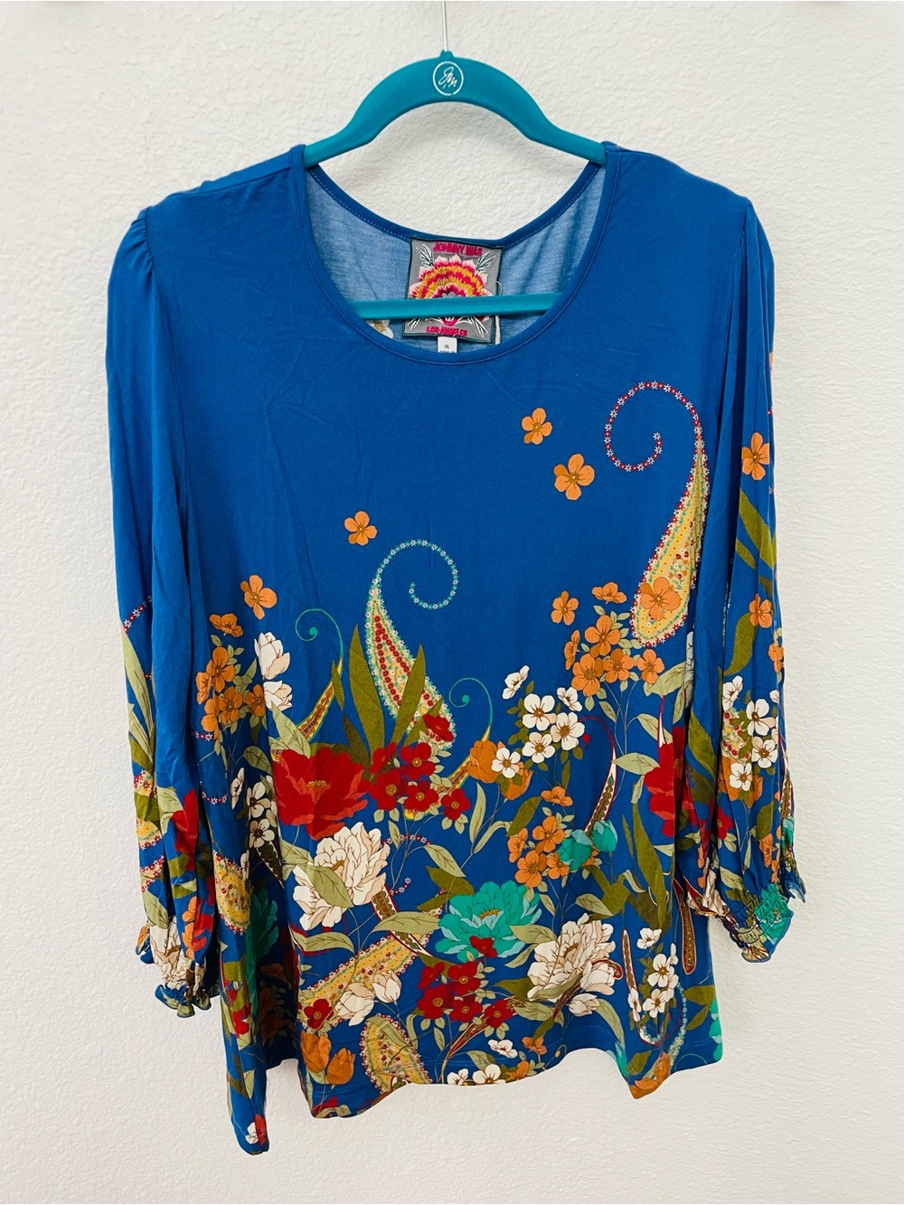 Johnny Was Blue Floral Paisley Scoop Neck Tunic
